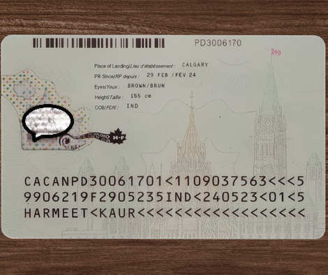 Canadian permanent resident card back side
